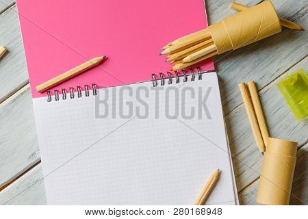 Beautiful And Stylish Diarys, Notebooks On A Wooden Background.