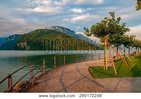 Embankment Along The Lucerne Lake At The Morning, Brunnen, Canton Of Schwyz, Switzerland