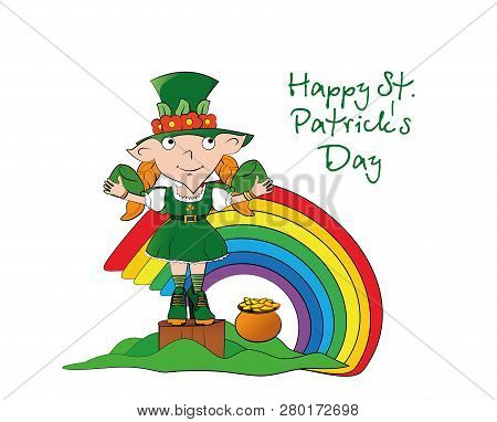 Vector Leprechaun Girl On Stump With A Pot Of Gold Coins Near The Rainbow. Happy St. Patricks Day.  