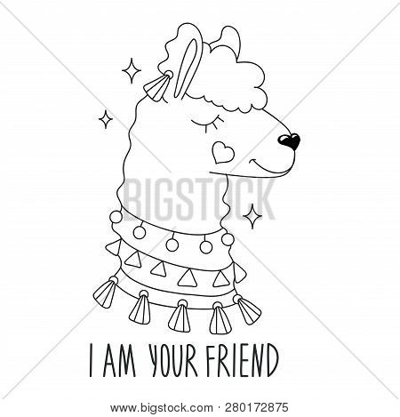 Art Llama Drawing For T-shirts. I Am Your Friend Text. Design For Kids. Fashion Illustration Drawing