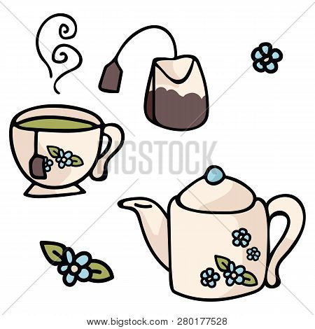 Cute Tea Set Cartoon Vector Illustration Motif Set. Hand Drawn Floral Teapot Elements Clipart For Ca