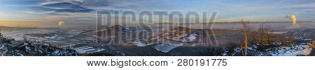 Panorama View Of Sunrise On Boren Hill Near Bilina Town In Winter Frosty Color Morning