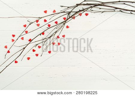 Wedding And Valentine's Day Concept - Tree Branches With Sweet Hearts Onwhite Background