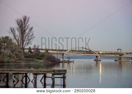 A View Of The End Of The Highway I-90 Brdige In Seattle, Washington. It Is Evening.