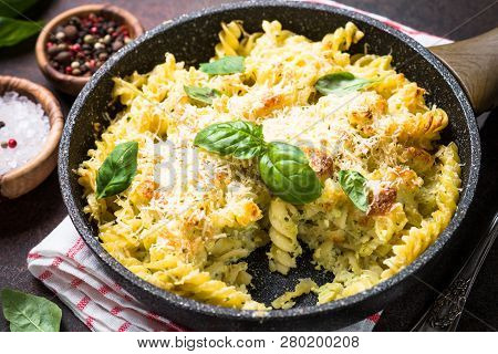 Mac And Cheese Traditional American Macaroni Casserole In Creamy Sauce. Close Up.