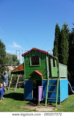 Dobrzyca, Poland - August 6, 2018: Colorful Play Hut At A Playground On The Hortulus Park.
