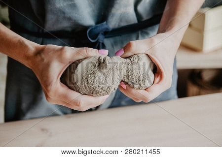 Pottery, Clay, Ceramics Art Concept - Closeup On Hands Of Young Master With The Large Pieces Of Fire