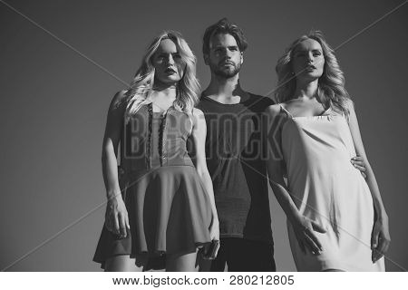 Man With Beard With Twins, Relations. Love Triangle And Romance. Beauty And Summer Fashion. Family T