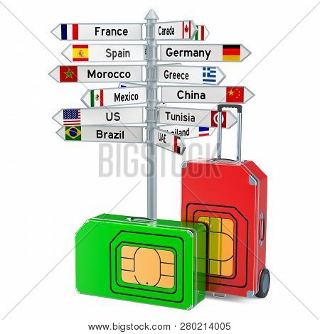 Worldwide Roaming And Traveling. International Sim Card Concept, 3d Rendering