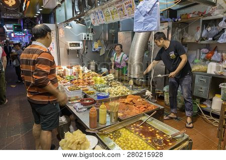 Kowloon, Hong Kong - April 22, 2017: Fast Food Kitchen At Mong Kok In Kowloon, Hong Kong.