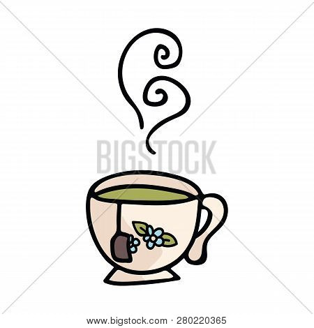 Cute Teacup Cartoon Vector Illustration Motif Set. Hand Drawn Hot Drink Elements Clipart For Kitchen