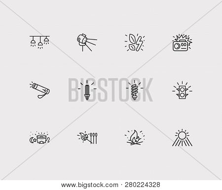 Light Icons Set. Pocket Torch And Light Icons With Sunlight, Camera Flash Light And Spotlight. Set O