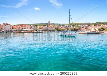 The Supetar Harbor At Sunny Day On The Brac Island, Croatia, Europe.