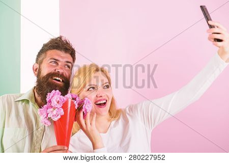 Couple In Love Bouquet Dating Celebrate Anniversary Relations. Taking Selfie Photo. Capturing Moment