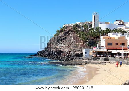 Morro Jable, Fuerteventura, Spain - December 9, 2018: Beautiful Beach Resort Morro Jable On The Sout