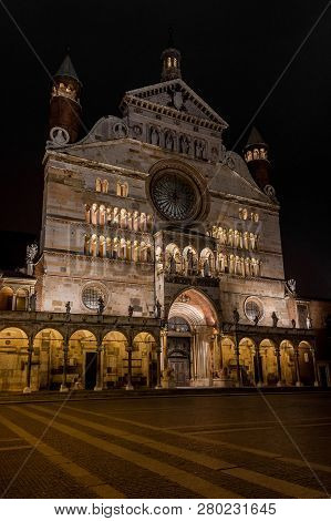 Cremona, Italy - December 13: Beautiful Cathedral Of Cremona In Commune Square At Night December 13,