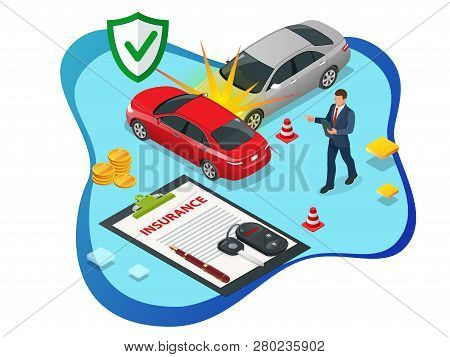 Isometric Car Insurance Services. Auto Insurance Policy With Cash And Key Fob. Protection From Dange