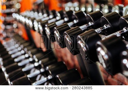 Rows Of Dumbbells In The Gym With Hign Contrast In The Gym