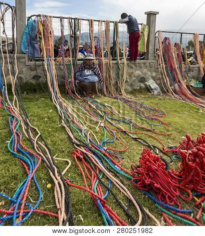 Canar, Ecuador - July 12, 2015 - Colorful Rope Is For Sale At The Animal Market. Usually Purchased B