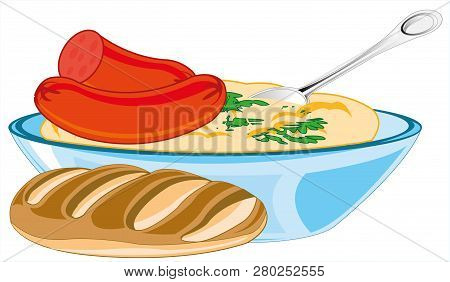 Mashed Potatoes With Sausage In Plate And Bread