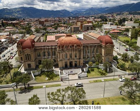 Cuenca, Ecuador - October 20, 2017 - Aerial Drone View Of The Iconic Benigno Mal High School