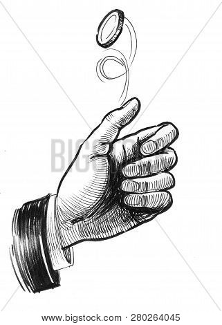 Ink Black And White Drawing Of A Hand Flipping A Coin