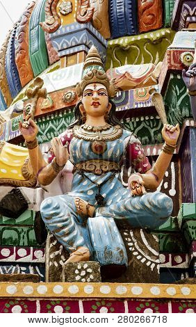 Madurai, India, Mar 10, 2018 - Close Detail Of Statues On Tranditional Hindi Temples In India