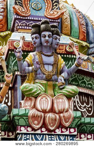 Madurai, India, Mar 10, 2018 - Close Detail Of Statues On Tranditional Hindi Temples In India