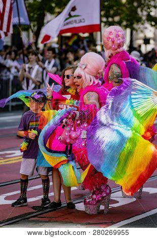 San Francisco, California, June 24, 2018:  Gay Pride Parade -  Many Identities, One Community  Group