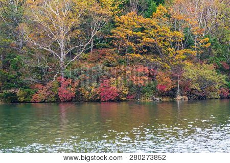 View Of Yunoko Lake In Autumn Season At Nikko National Park, Nikko, Tochigi, Japan.