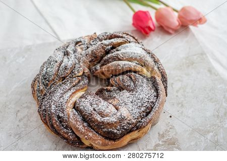 Home Made Traditional Sweet Chocolate Babka On Plate On A Table