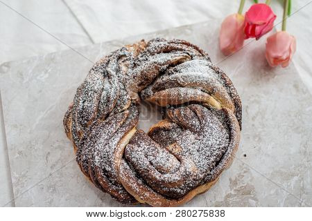 Home Made Traditional Sweet Chocolate Babka On Plate On A Table
