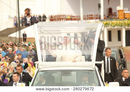 24.09.2018. Aglona, Latvia. His Holiness Pope Francis Driving At Pope Mobile