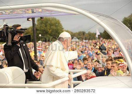 24.09.2018. Aglona, Latvia. His Holiness Pope Francis Driving At Pope Mobile