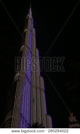 Dubai, Uae, Mar 19, 2018: Burj Khalifa Puts On A Light Show At Night That Qualifies For Guiness Book