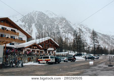 Solda, Italy - 03 24 2013: Beautiful Cloudy View Of Ski Resort Solda, Sulden