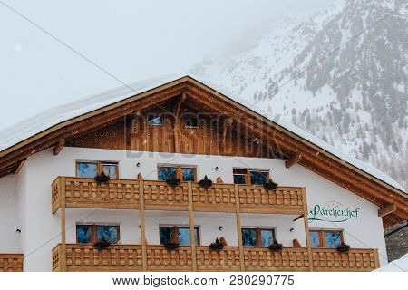 Solda, Italy - 03 24 2013: Beautiful Cloudy View Of Ski Resort Solda, Sulden