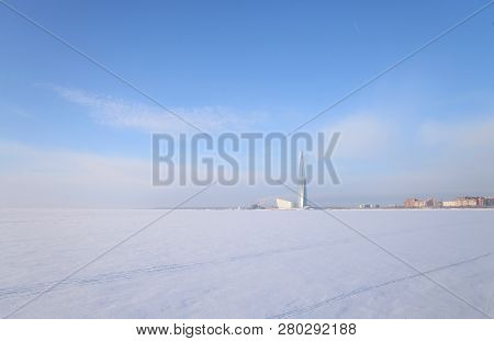 Frozen Gulf Of Finland On The Outskirts Of St. Petersburg At Sunny Winter Day, Russia.