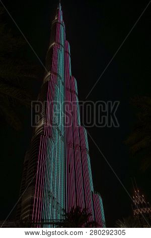 Dubai, Uae, Mar 19, 2018: Burj Khalifa Puts On A Light Show At Night That Qualifies For Guiness Book