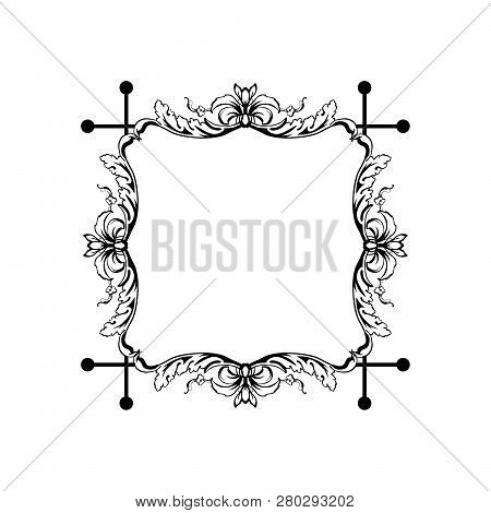 Floral Vintage Decorative Vector Frame. Flower Black Ink Square Filigree Border With Text Space. Iso