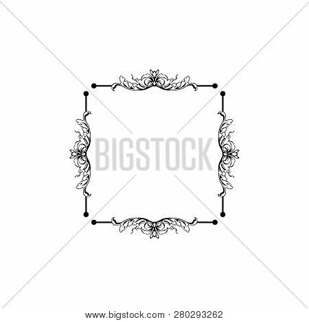 Floral Vintage Decorative Vector Frame. Flower Black Ink Square Filigree Border With Text Space. Iso