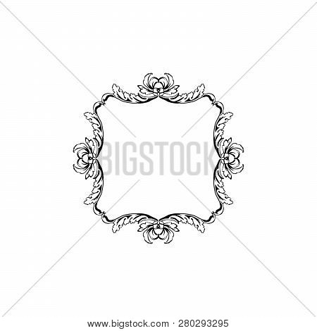 Floral Vintage Decorative Vector Frame. Flower Black Ink Square Filigree Border With Text Space. Iso