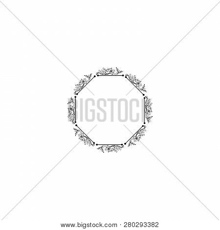 Floral Vintage Decorative Vector Frame. Flower Black Ink Circle Filigree Border With Text Space. Iso