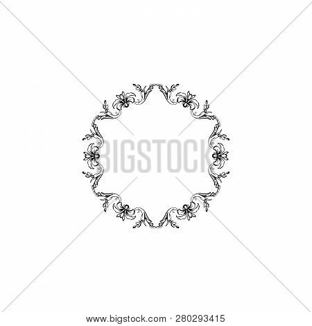 Floral Vintage Decorative Vector Frame. Flower Black Ink Circle Filigree Border With Text Space. Iso