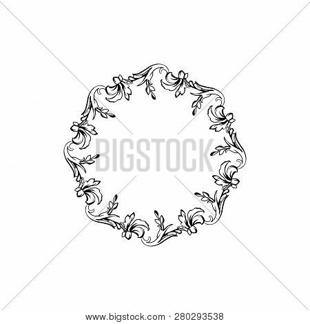 Floral Vintage Decorative Vector Frame. Flower Black Ink Circle Filigree Border With Text Space. Iso