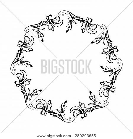 Floral Vintage Decorative Vector Frame. Flower Black Ink Circle Filigree Border With Text Space. Iso