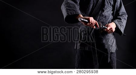 Banner With Ninja Samurai, Sword Baring, Copy Space