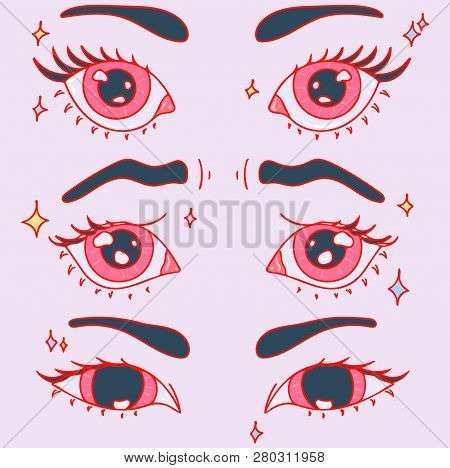 Vector Illustration. Cute Eyes Set. Surprise, Sadness, Cunning.