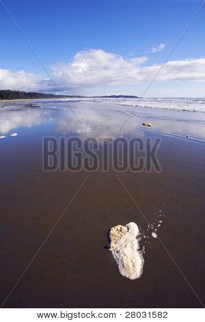 Breda sandstranden och havet skum på sand under utflöde