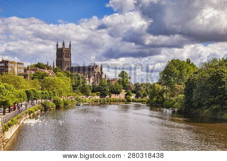 25 July 2015: Worcester, Uk - Worcester Cathedral And The River Severn.